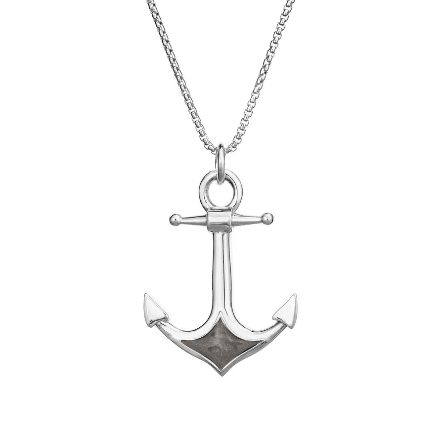 A close-up front view of Close By Me Jewelry's Anchor Cremation Pendant in sterling silver, hanging from a thin sterling silver chain against a white background.
