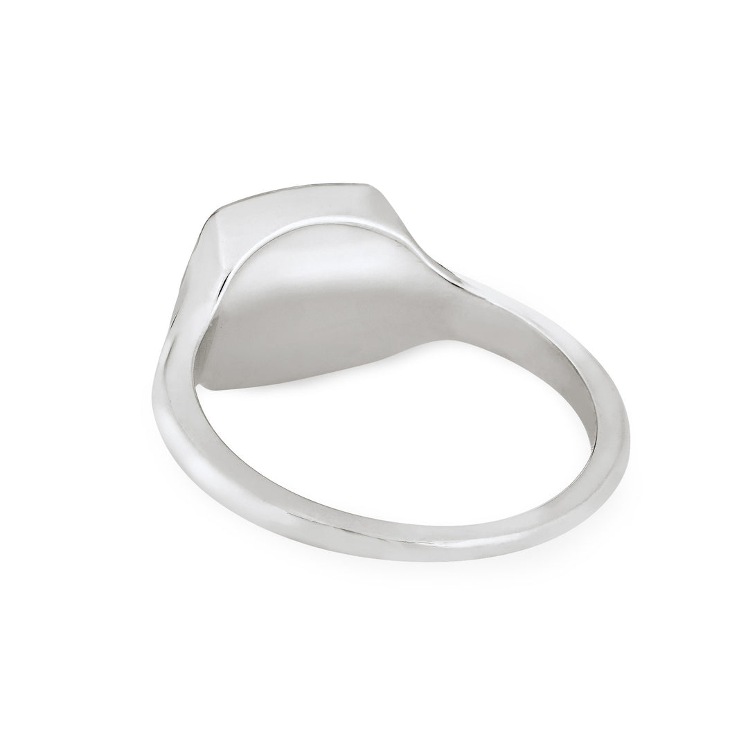Close By Me's Anchor Signet Cremation Ring in Sterling Silver floats in the center of a solid white background, facing away so that the back of the setting and band of the ring are visible.
