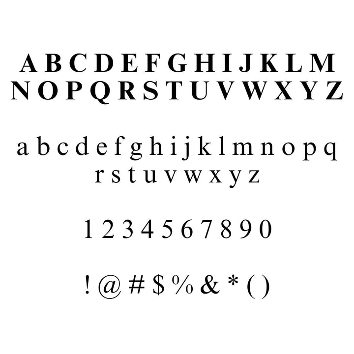 This is an example of the Block Font option for engraving. It lists all the letters of the English alphabet capitalized and then lowercase, as well as numbers one through nine and then a list of simple, common symbols and punctuation.