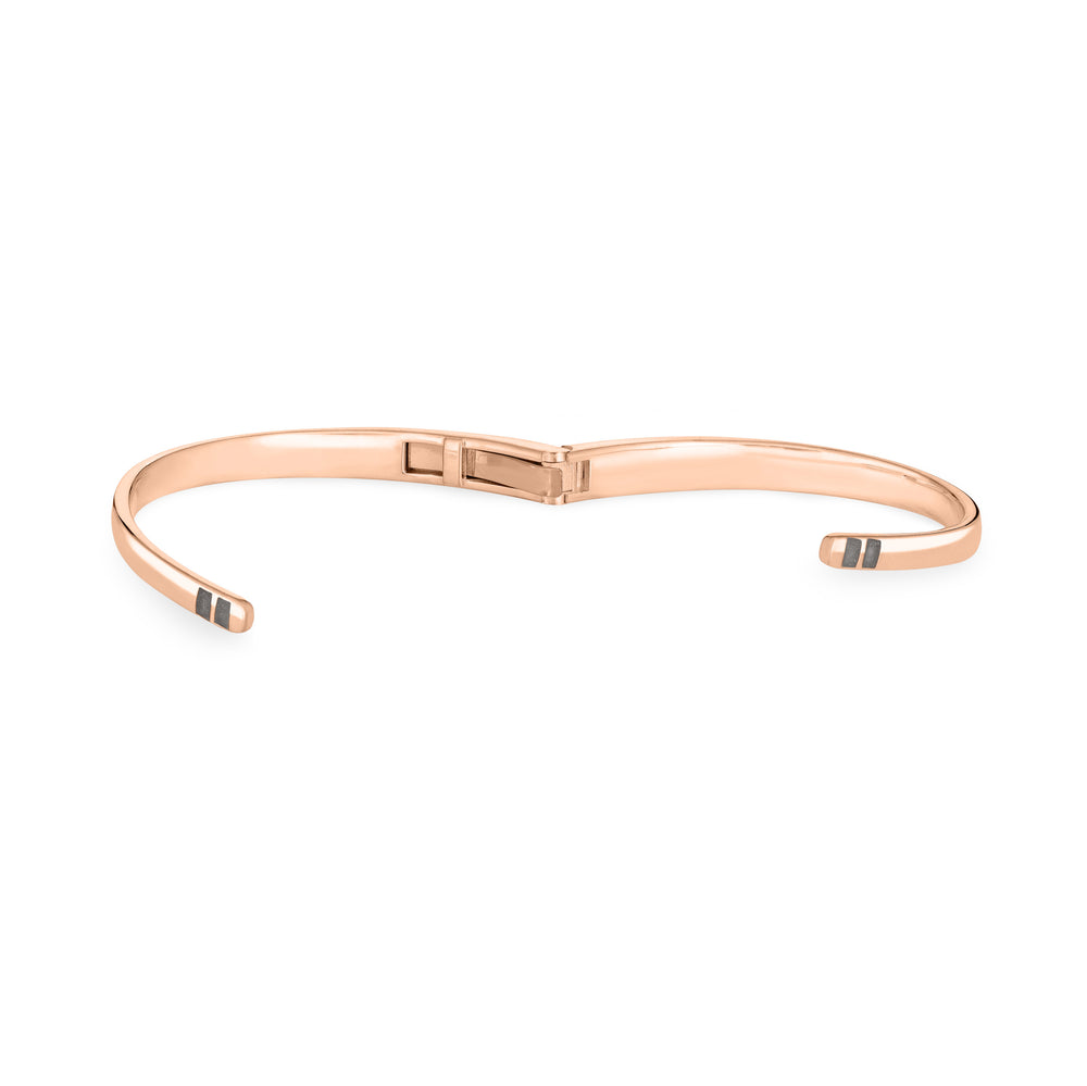 Front view of Close By Me's 14K Rose Gold Bypass Hinged Cuff Cremation Bracelet in an opened position, centered in a solid white square.