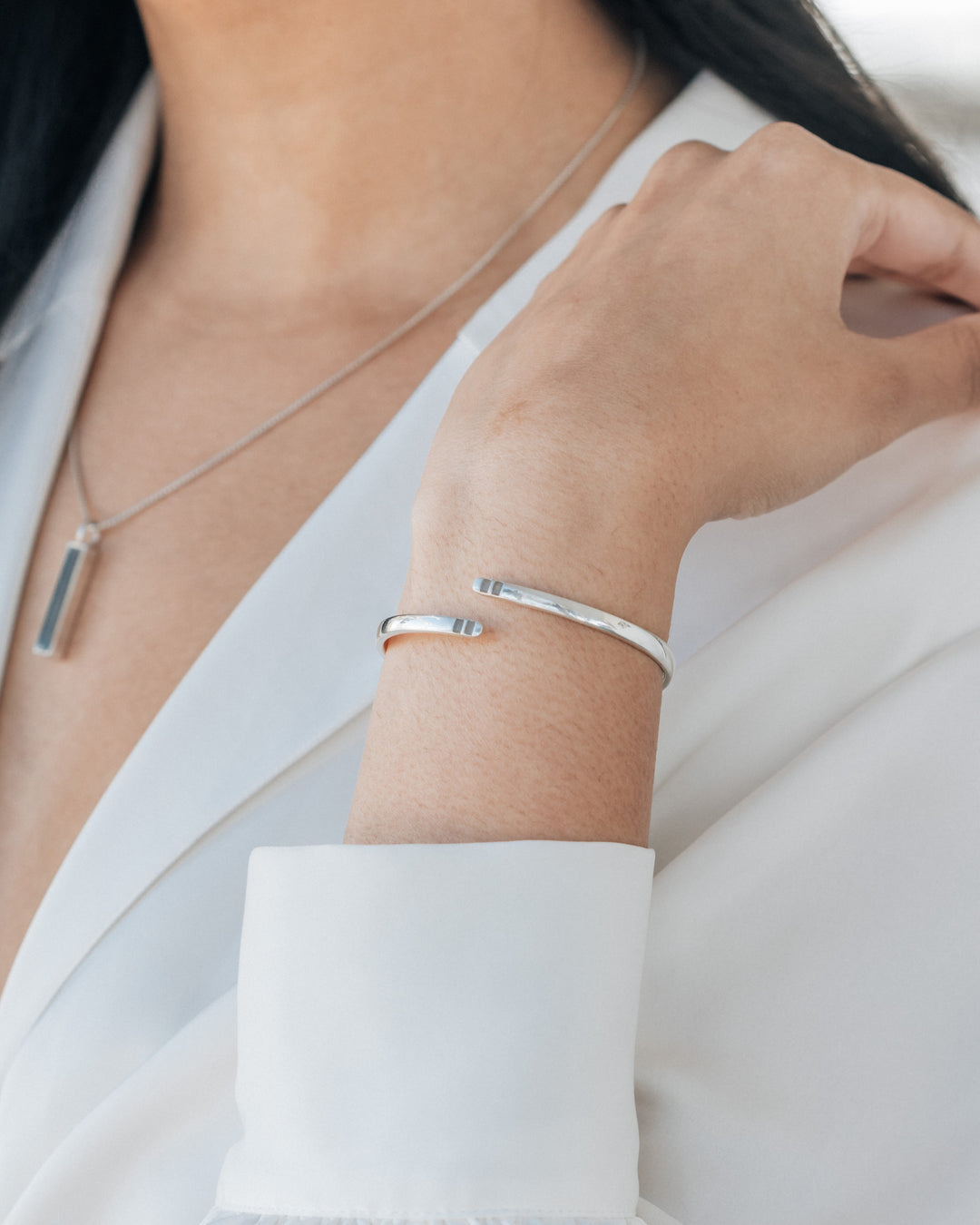 A view of the memorial bracelet by close by me being worn by a model in sterling silver