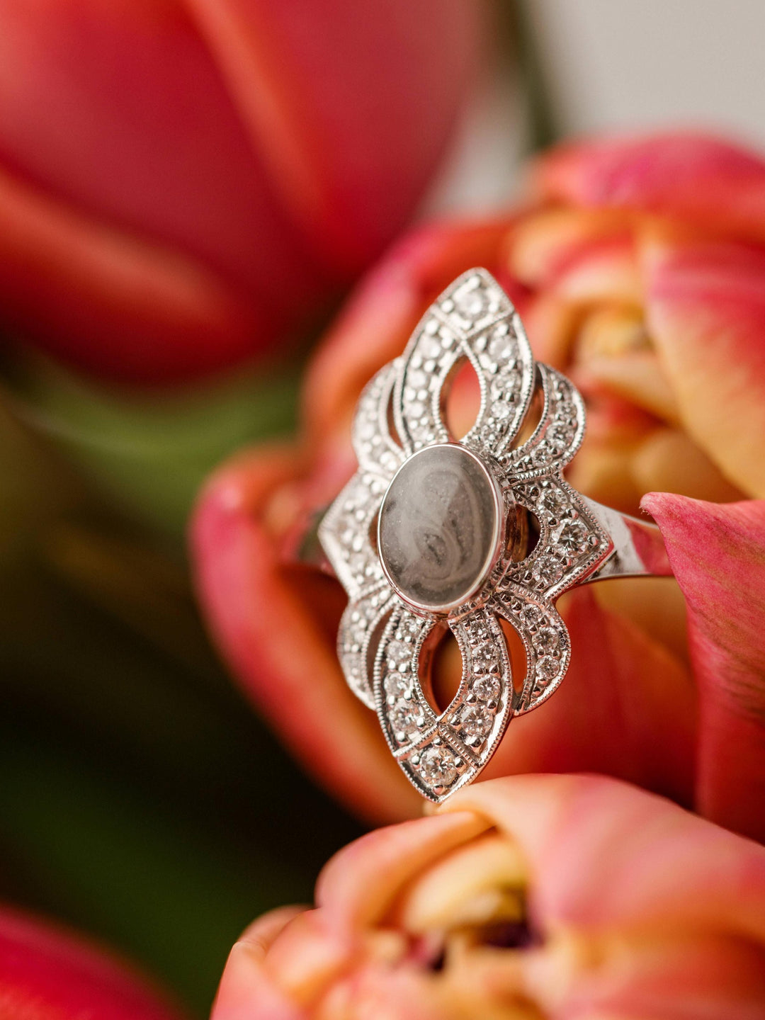 WWII Cremation Ring in 14K White Gold with Diamonds