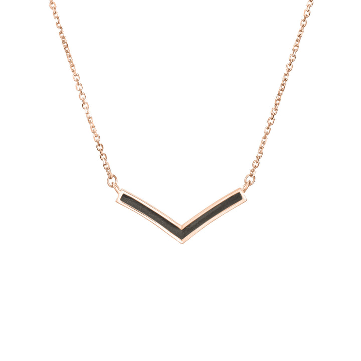 close by me jewelry's 14k rose gold chevron cremation necklace from the front