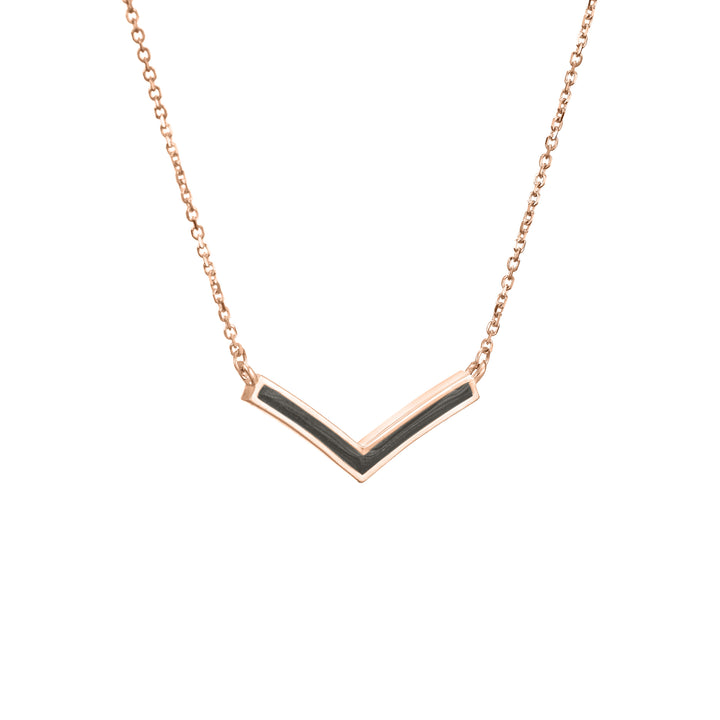 close by me jewelry's 14k rose gold chevron cremation necklace from an angle