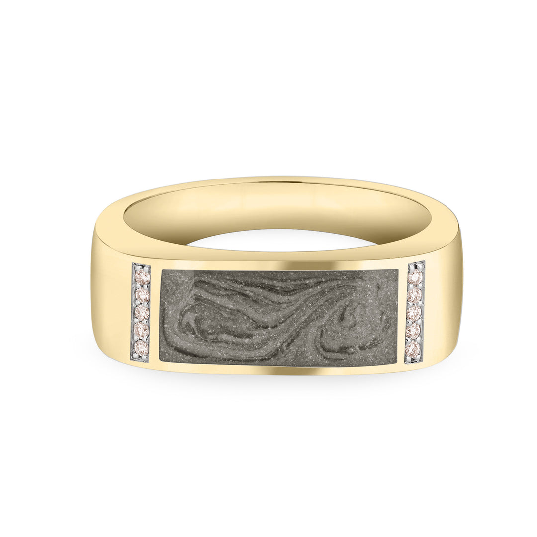 Close-up, front view of Close By Me's Men's Classic Diamond Band Cremation Ring in 14K Yellow Gold, against a solid white background.
