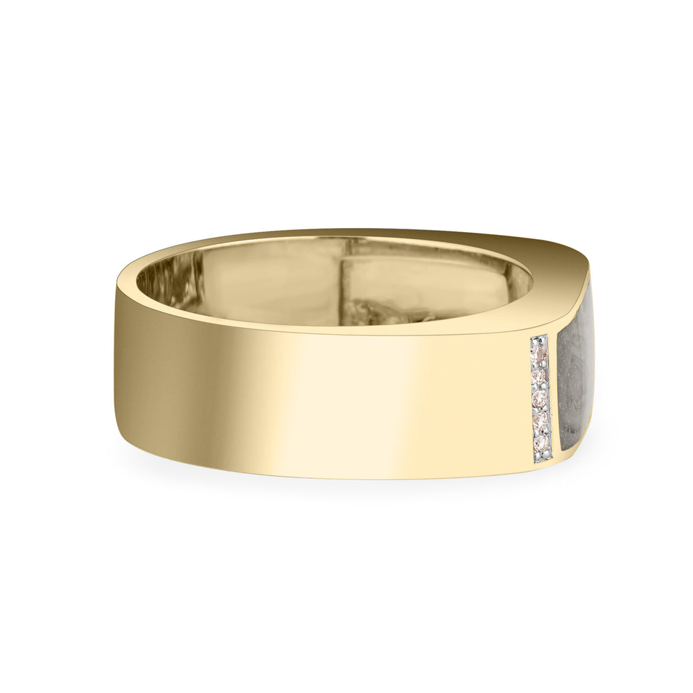 Close-up, side view of Close By Me's Men's Classic Diamond Band Cremation Ring in 14K Yellow Gold, against a solid white background.