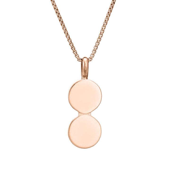 This photo shows close by me jewelry's Double Circle Memorial Pendant design in 14K Rose Gold from the back