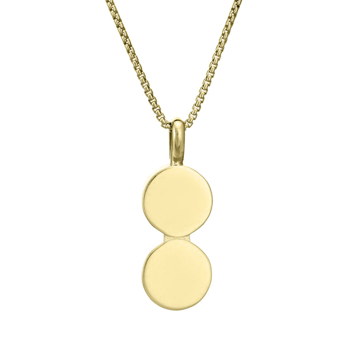 This photo shows close by me jewelry's Double Circle Cremation Necklace design in 14K Yellow Gold from the back