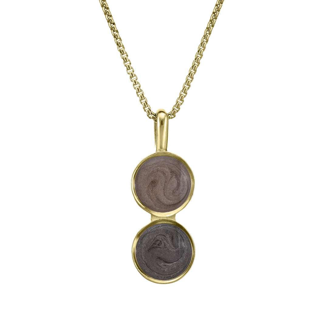 This photo shows close by me jewelry's Double Circle Cremation Necklace design in 14K Yellow Gold from the front