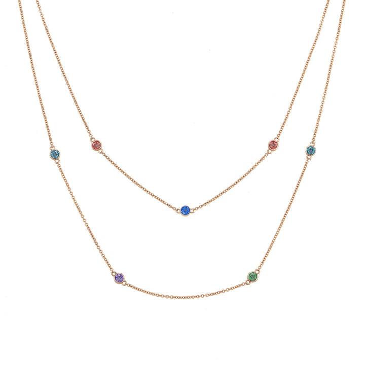 Front of Close By Me's Double Strand Birthstone Necklace in 14K Rose Gold, set with 7 different gemstones.