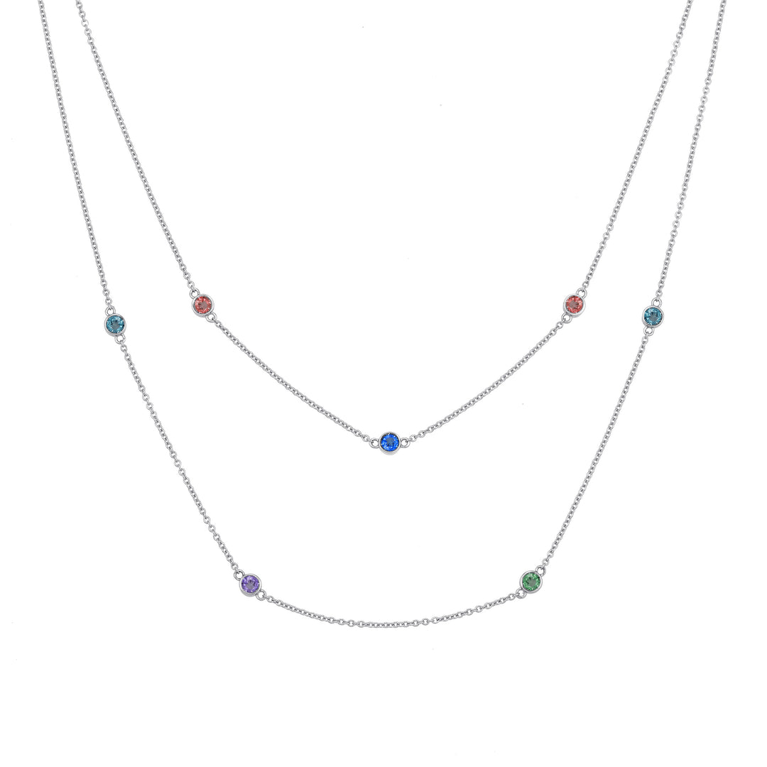 Front of Close By Me's Double Strand Birthstone Necklace in 14K White Gold, set with 7 different gemstones.