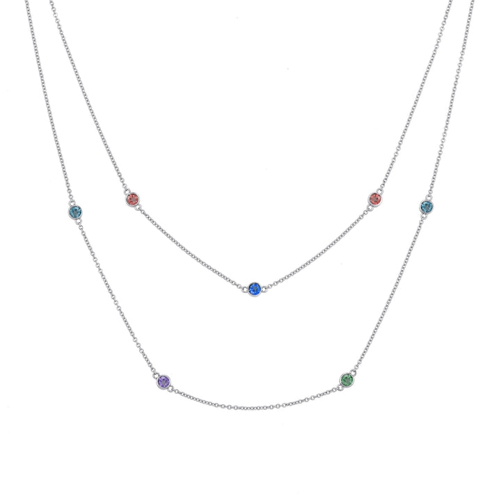 Front of Close By Me's Double Strand Birthstone Necklace in 14K White Gold, set with 7 different gemstones.