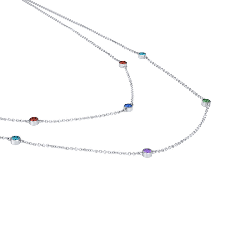 Side view of Close By Me's Double Strand Birthstone Necklace in 14K White Gold, set with 7 different gemstones.