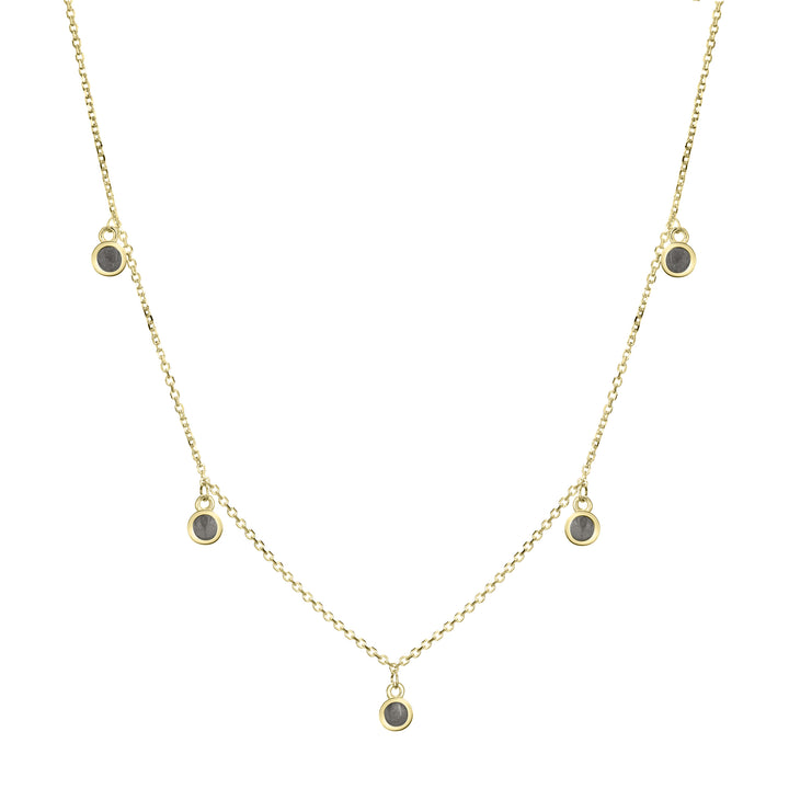 This photo shows close by me jewelry's 14K Yellow Gold Drop Cremains Necklace with Five Ashes Components from the front