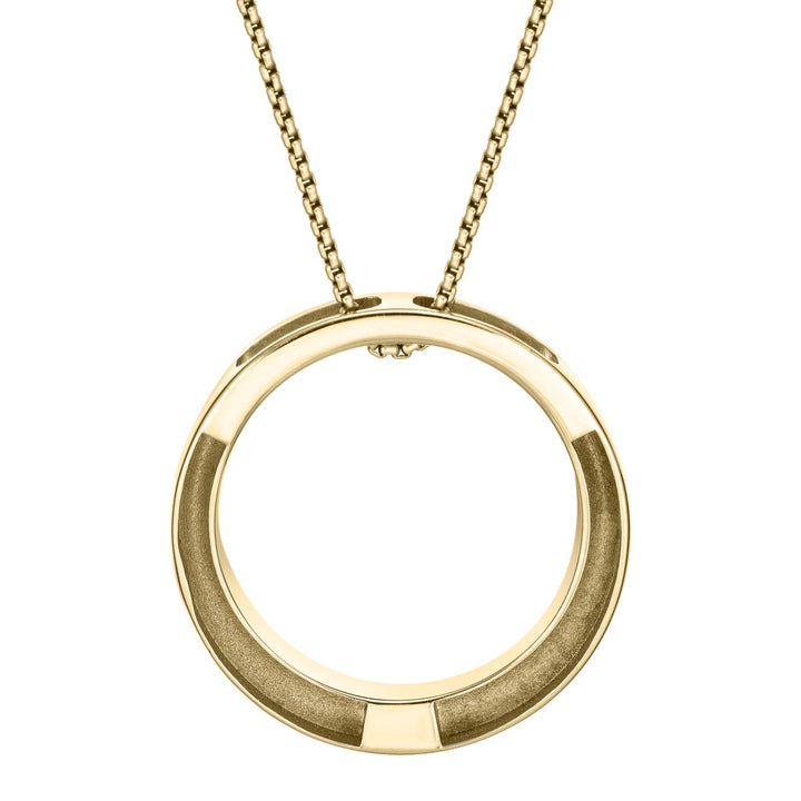 close by me's large open circle cremation pendant in 14k yellow gold hanging on a chain against a white background, facing away to show the back of the pendant