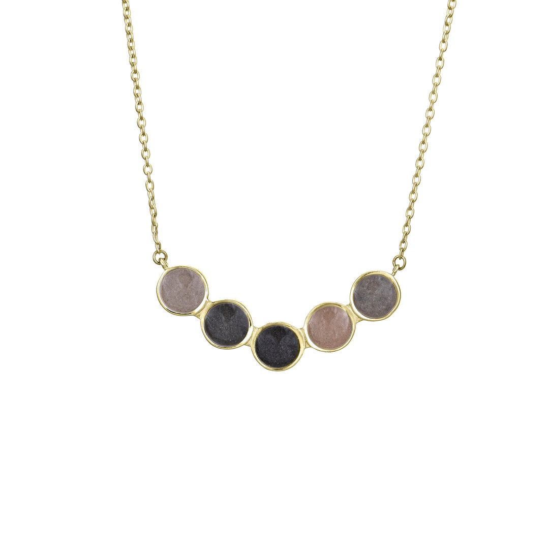 Pictured here is the Five Setting Chevron Necklace in 14K Yellow Gold designed and set with cremains by close by me jewelry from the front
