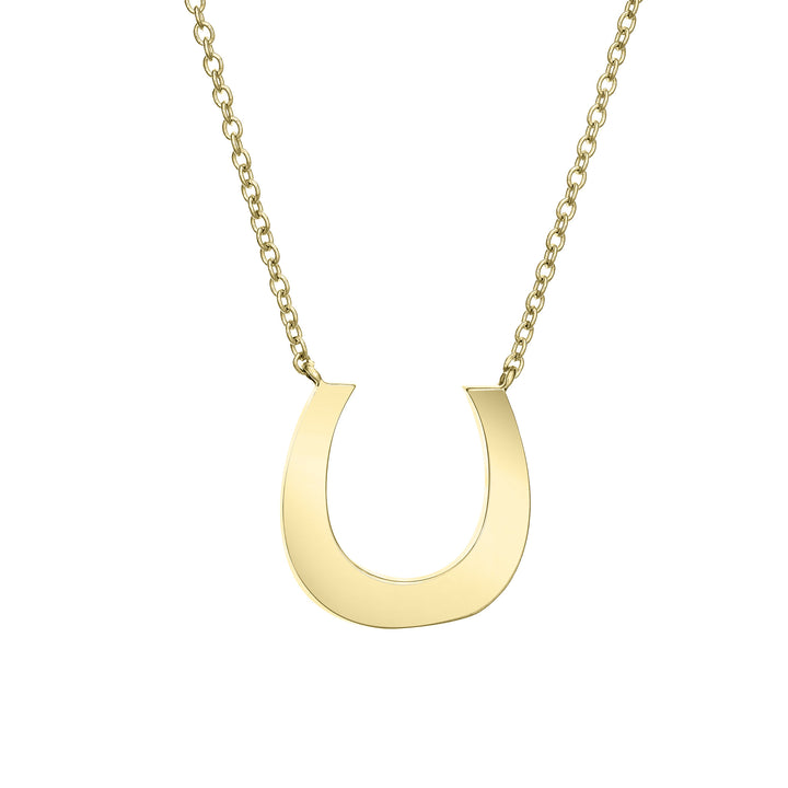 Close-up back view of Close By Me Jewelry's 14K Yellow Gold Horseshoe Cremation Necklace set against a white background.