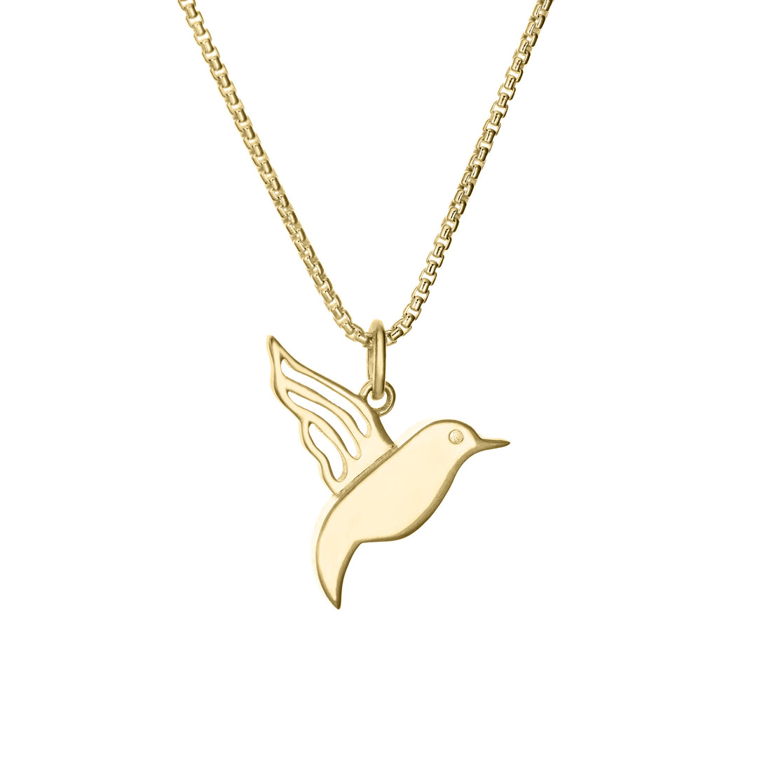 Close-up, back view of Close By Me's Hummingbird Cremation Necklace in 14K Yellow Gold against a solid white background.