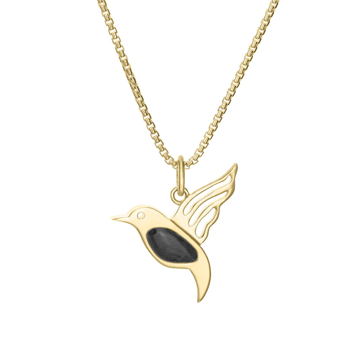 Close-up, front view of Close By Me's Hummingbird Cremation Necklace in 14K Yellow Gold against a solid white background.