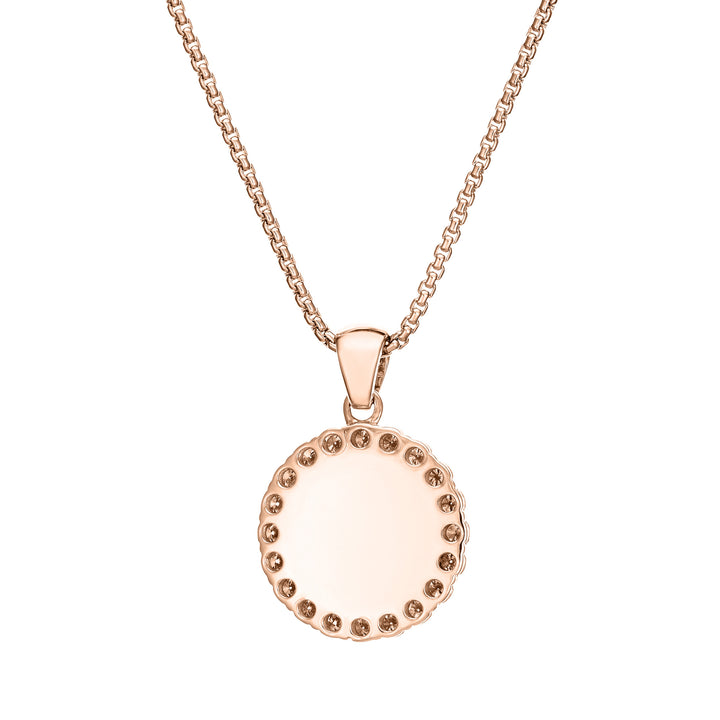 Close-up, back view of Close By Me's Large Diamond Halo Cremation Necklace in 14K Yellow Gold with Champagne Diamonds, set against a solid white background.