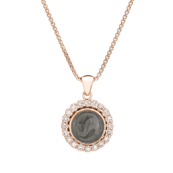 Close-up, front view of Close By Me's Large Diamond Halo Cremation Necklace in 14K Rose Gold with Champagne Diamonds, set against a solid white background.