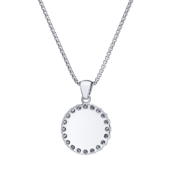 Close-up, back view of Close By Me's Large Diamond Halo Cremation Necklace in 14K White Gold with White Diamonds, set against a solid white background.