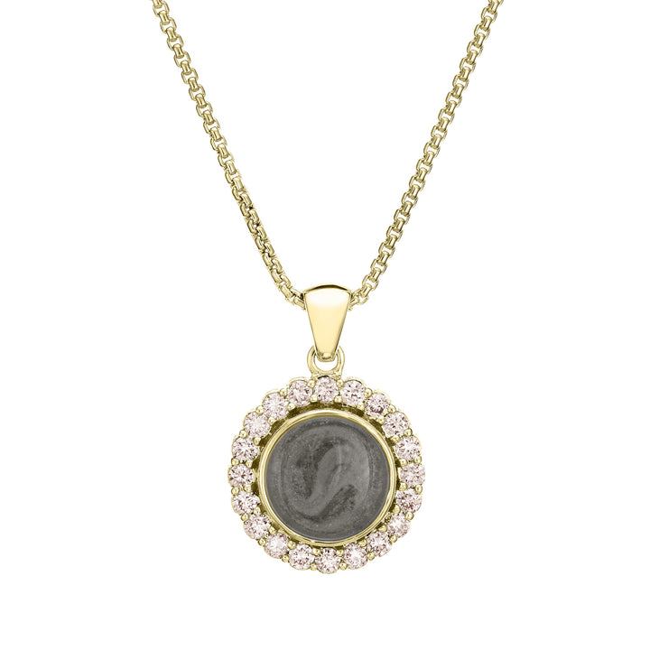 Close-up, front view of Close By Me's Large Diamond Halo Cremation Necklace in 14K Yellow Gold with Champagne Diamonds, set against a solid white background.