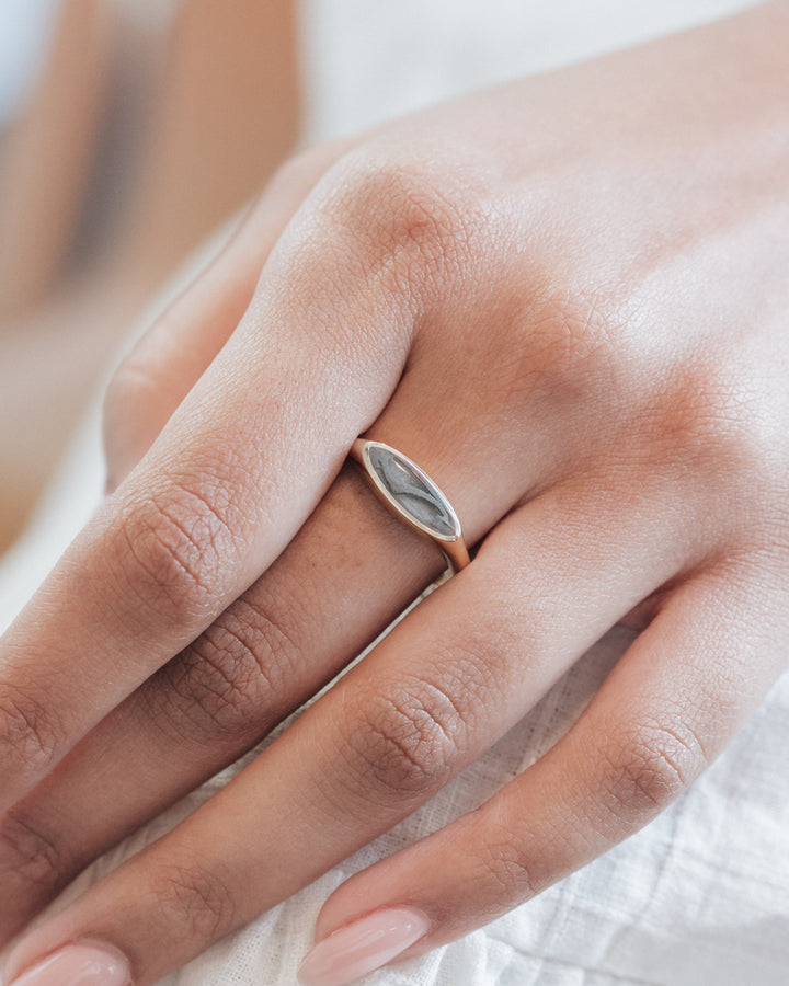 Lateral Marquise Signet Cremation Ring in 14K Yellow Gold