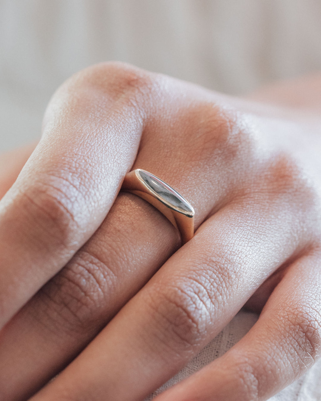 Lateral Marquise Signet Cremation Ring in 14K Yellow Gold