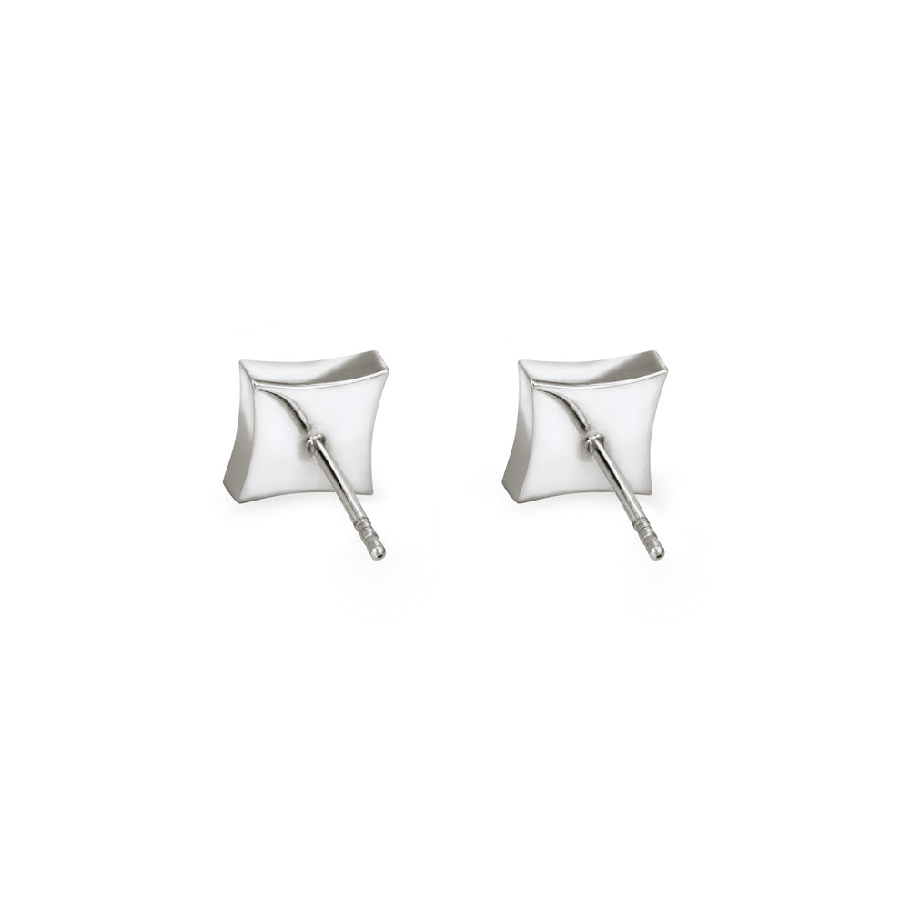 A back view of a pair of Close By Me's Luminary Stud Cremation Earrings in Sterling Silver set against a solid white background.