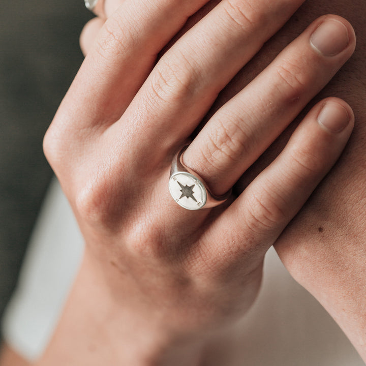 Compass Signet Cremation Ring in 14K White Gold