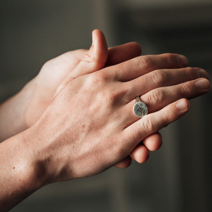Compass Signet Cremation Ring in 14K White Gold