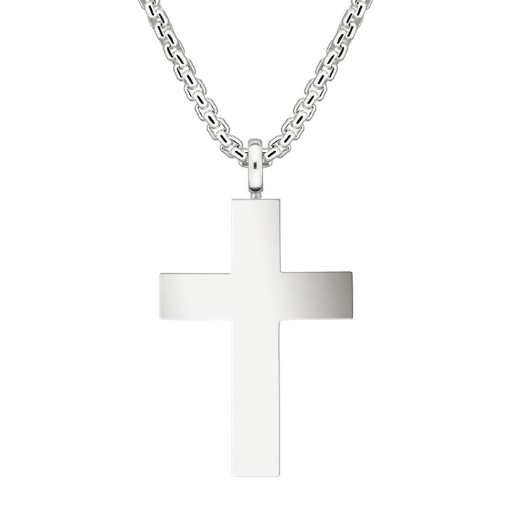 Back view of Close By Me's Men's Cross Cremation Pendant in Sterling Silver on a thick chain against a white background.