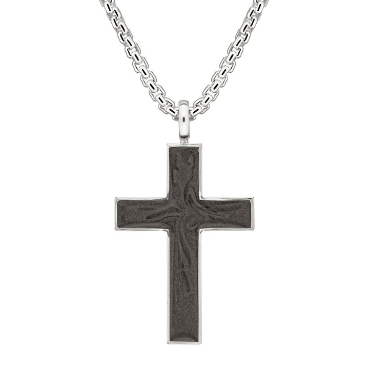 Front view of Close By Me's Men's Cross Cremation Pendant in Sterling Silver on a thick chain against a white background.