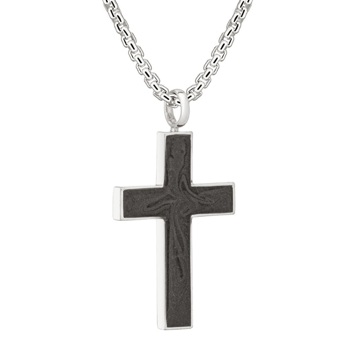 Side view of Close By Me's Men's Cross Cremation Pendant in Sterling Silver on a thick chain against a white background.