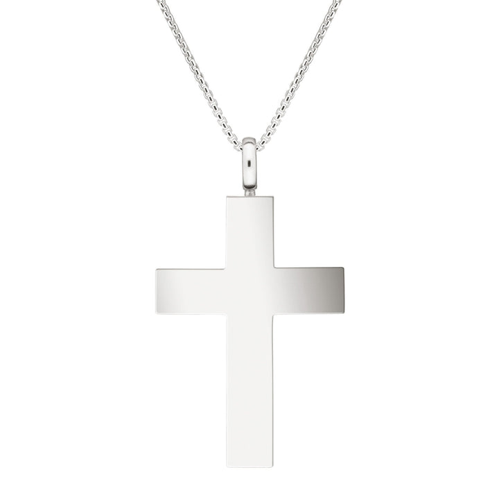 Back view of Close By Me's Men's Cross Cremation Pendant in Sterling Silver on a thin chain against a white background.