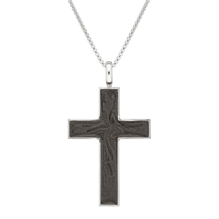 Front view of Close By Me's Men's Cross Cremation Pendant in Sterling Silver on a thin chain against a white background.