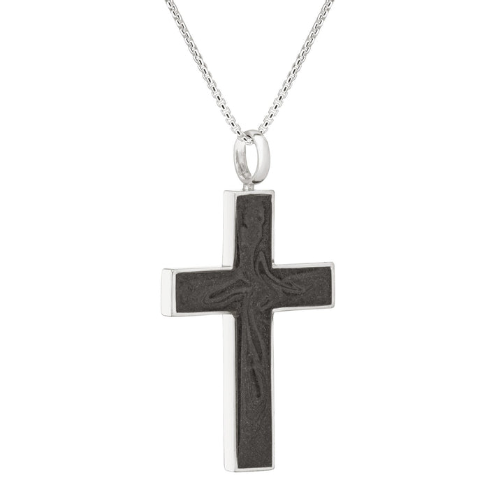Side view of Close By Me's Men's Cross Cremation Pendant in Sterling Silver on a thin chain against a white background.