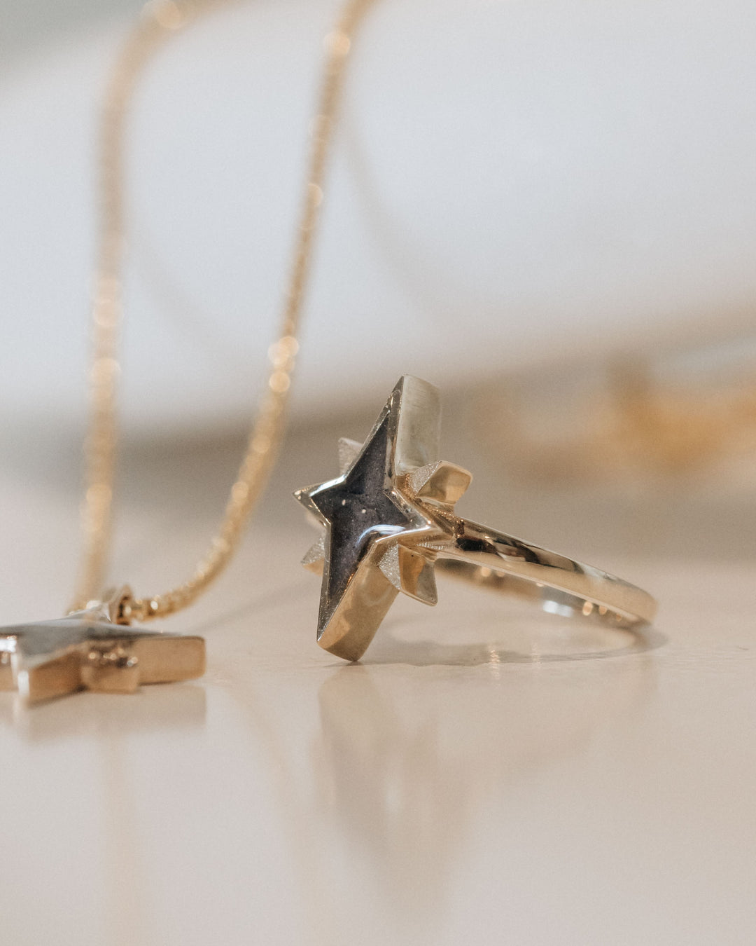 North Star Cremation Ring in 14K Yellow Gold