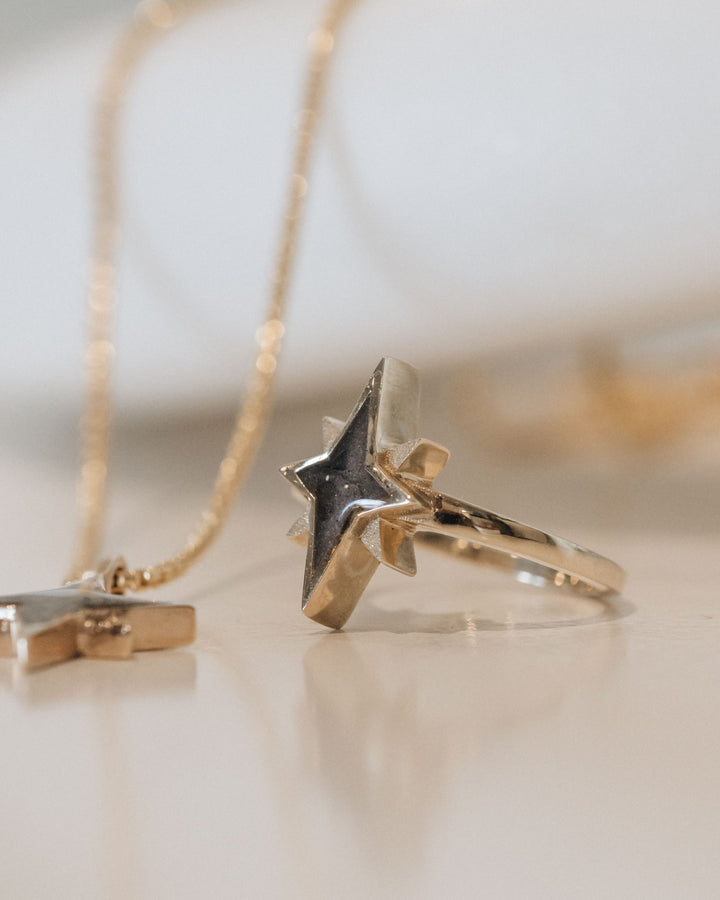 North Star Cremation Ring in 14K Yellow Gold