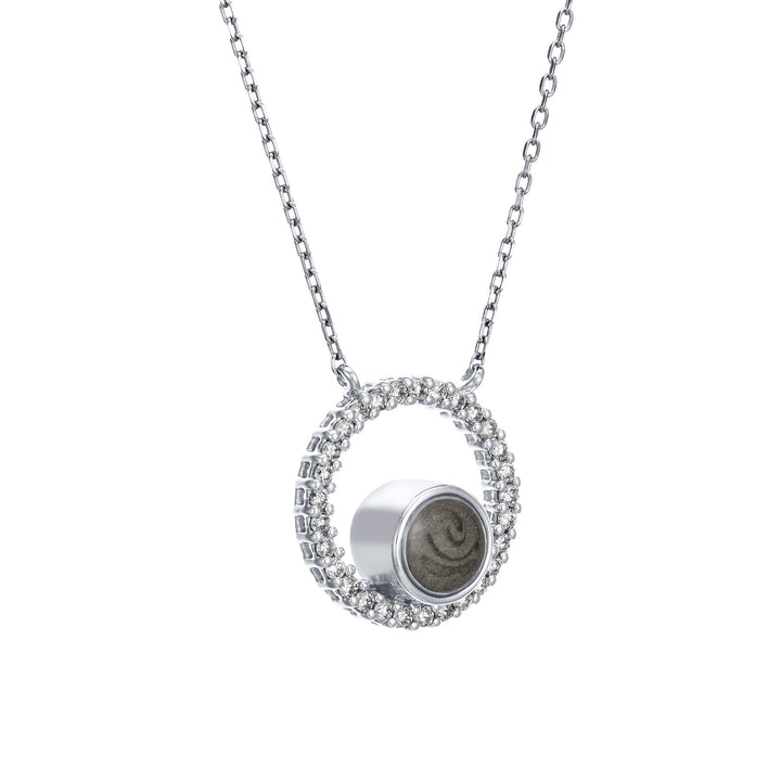 Close-up, side view of Close By Me's Open Diamond Halo Cremation Necklace in 14K White Gold with White Diamonds, against a solid white background.