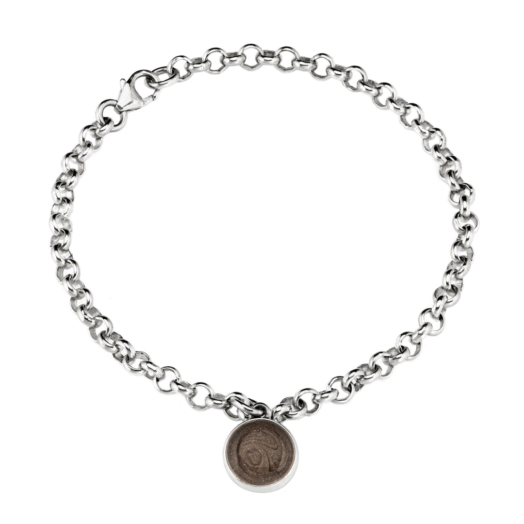 Close By Me's Rolo Chain Bracelet with 8mm Dome Cremation Charm in Sterling Silver against a solid white background.