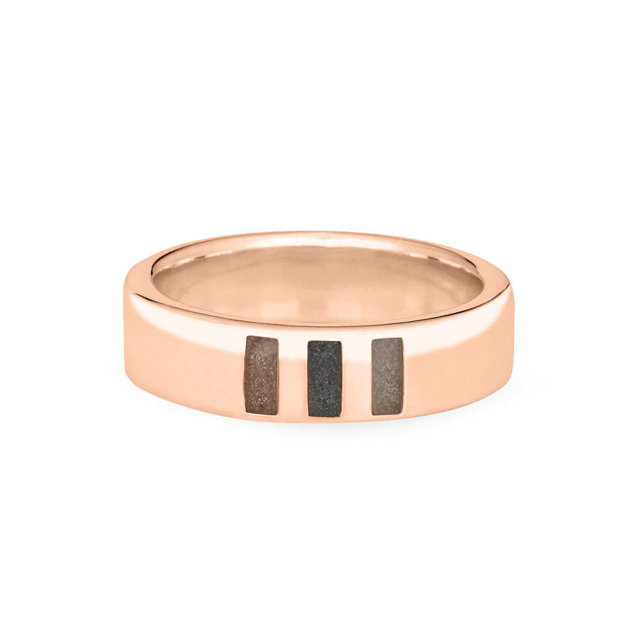 Front view of Close By Me's Simple Band Three Setting Cremation Ring in 14K Rose Gold against a solid white background.