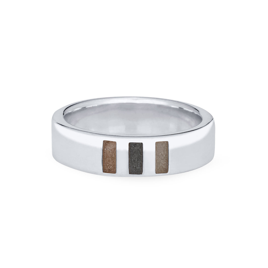 Front view of Close By Me's Simple Band Three Setting Cremation Ring in 14K White Gold against a solid white background.