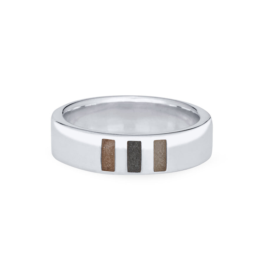 Front view of Close By Me's Simple Band Three Setting Cremation Ring in 14K White Gold against a solid white background.