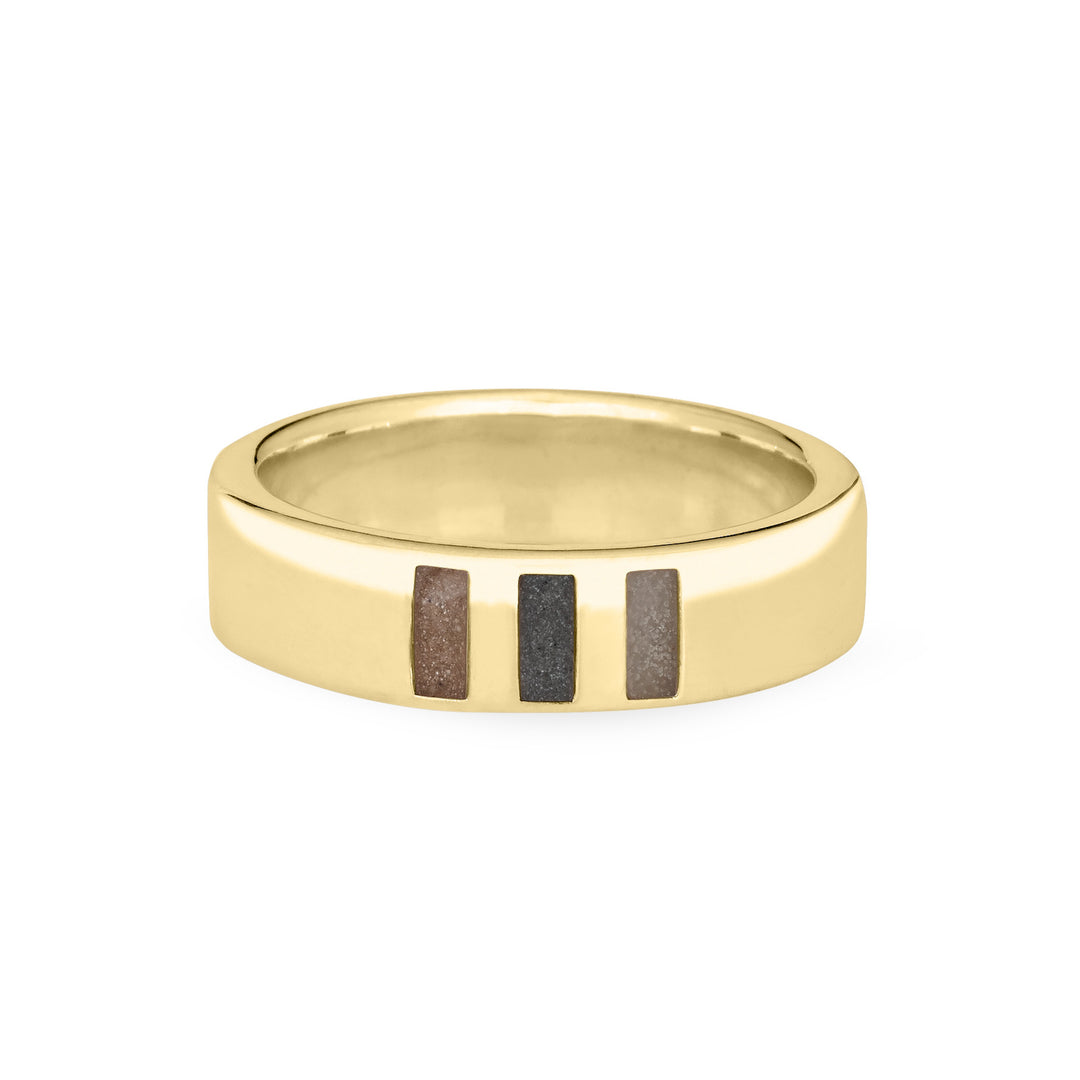Front view of Close By Me's Simple Band Three Setting Cremation Ring in 14K Yellow Gold against a solid white background.