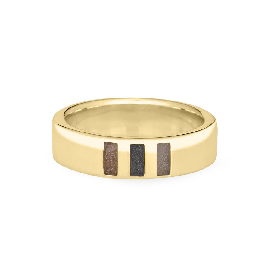 Front view of Close By Me's Simple Band Three Setting Cremation Ring in 14K Yellow Gold against a solid white background.