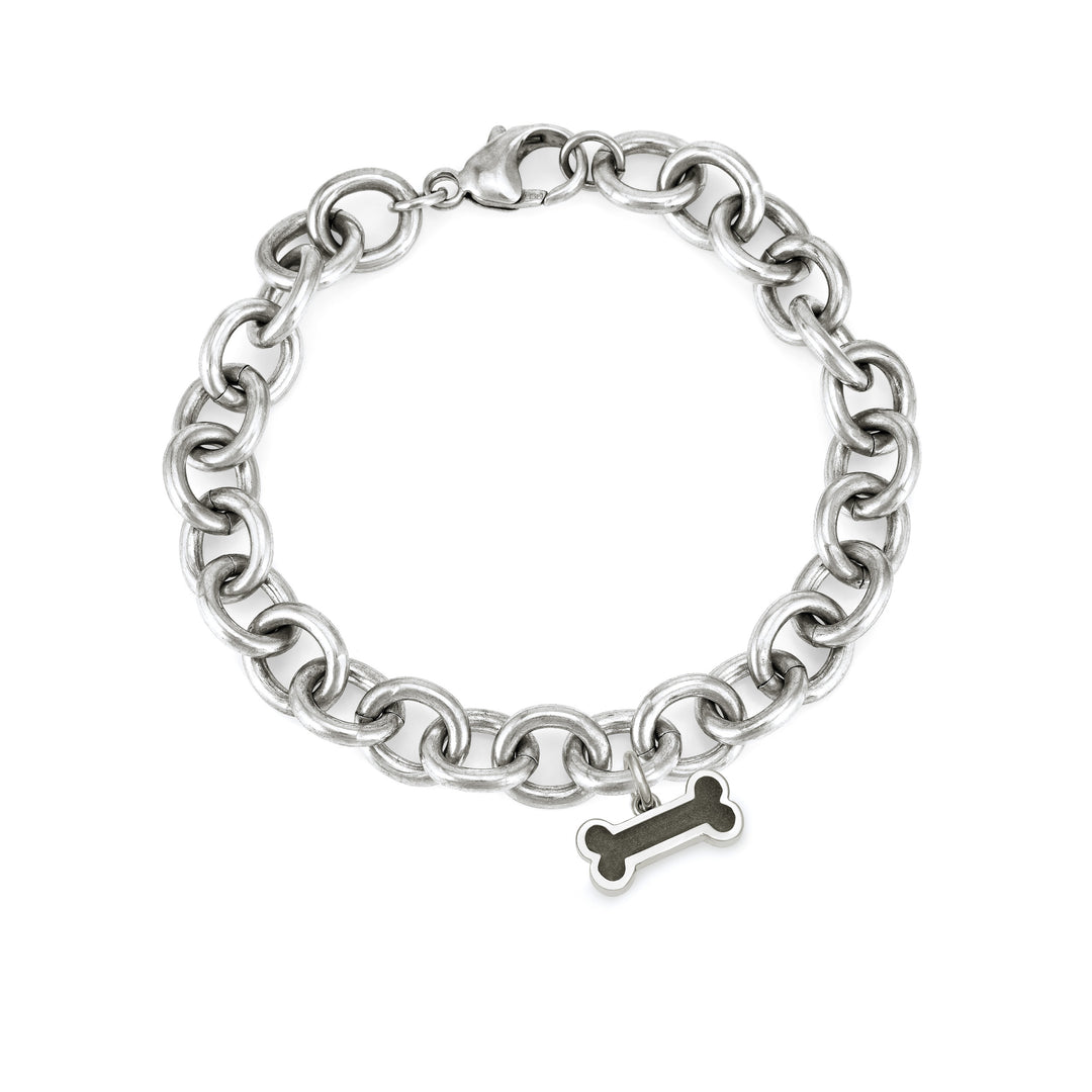 Sterling Silver Cremation Cable Chain Bracelet featuring a dog bone shaped charm filled with solidified ashes