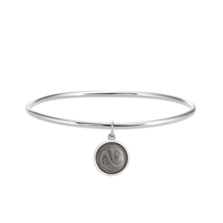 Sterling silver single bangle cremation bracelet with dome ashes charm shown from the front