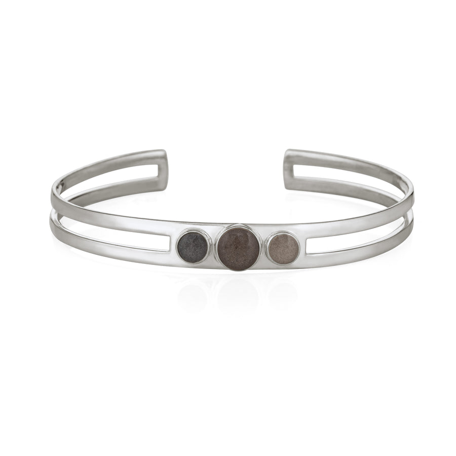 sterling silver three setting cremation cuff bracelet shown from the front